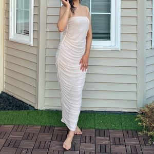 Nude Strappy Mesh Ruched Midaxi Dress